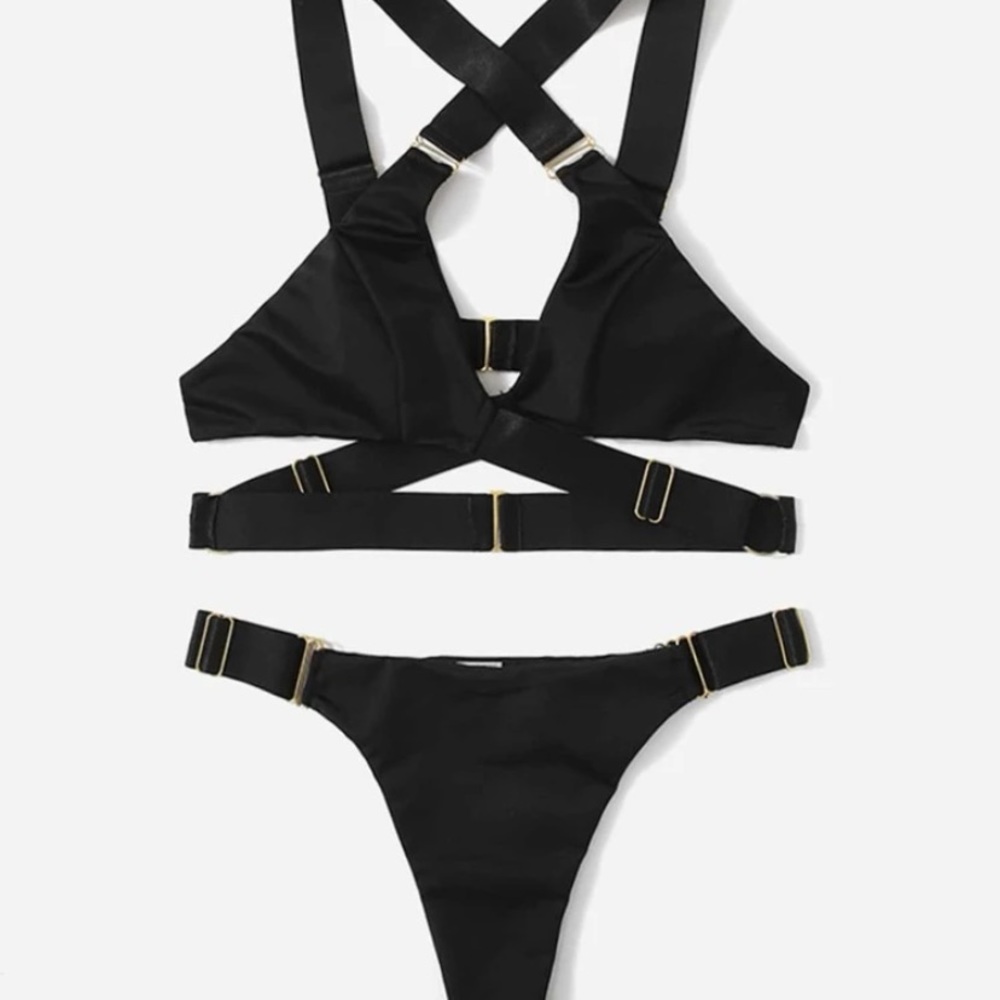New Black Strappy Bikini w/ Silver Buckle Detail - Picture 3 of 5